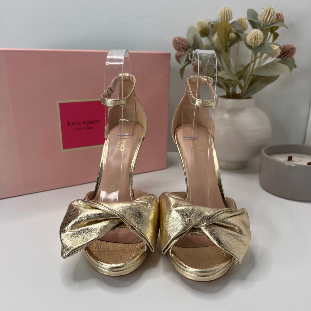 Kate Spade Bridal Bow Leather Heeled Pumps Pale Gold K1004 Women's 7.5B